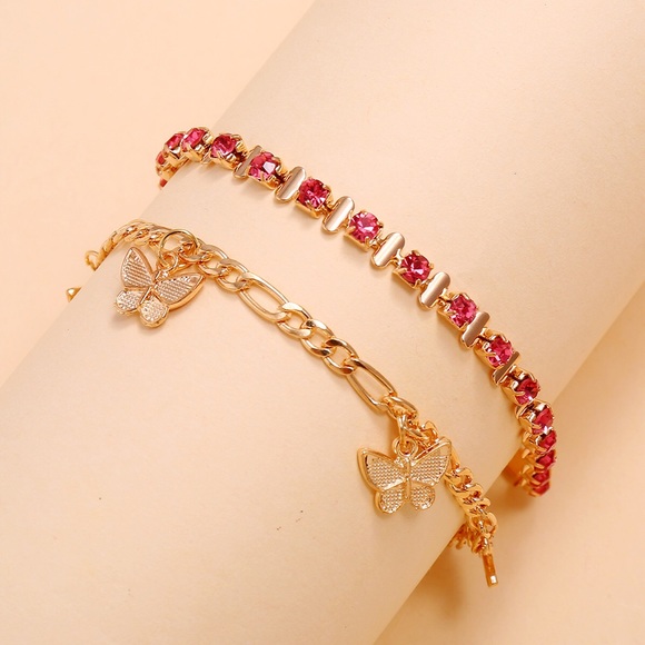 Butterfly dainty crystal anklet 2 pieces set - Picture 2 of 6